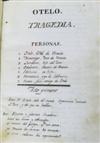 SHAKESPEARE, WILLIAM. Otelo. Tragedia.  Manuscript in Spanish.  1822